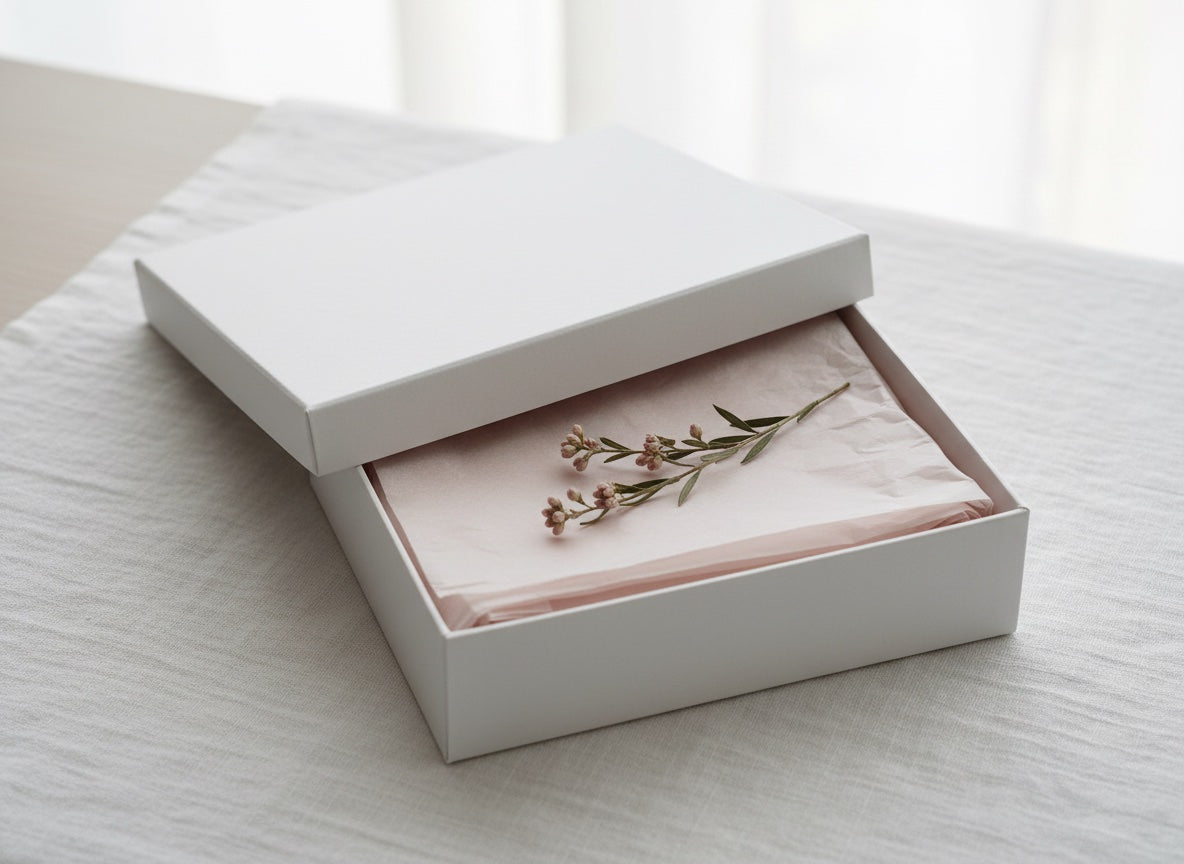 Boîte blanche neutre sans inscription, entrouverte sur un papier de soie rose