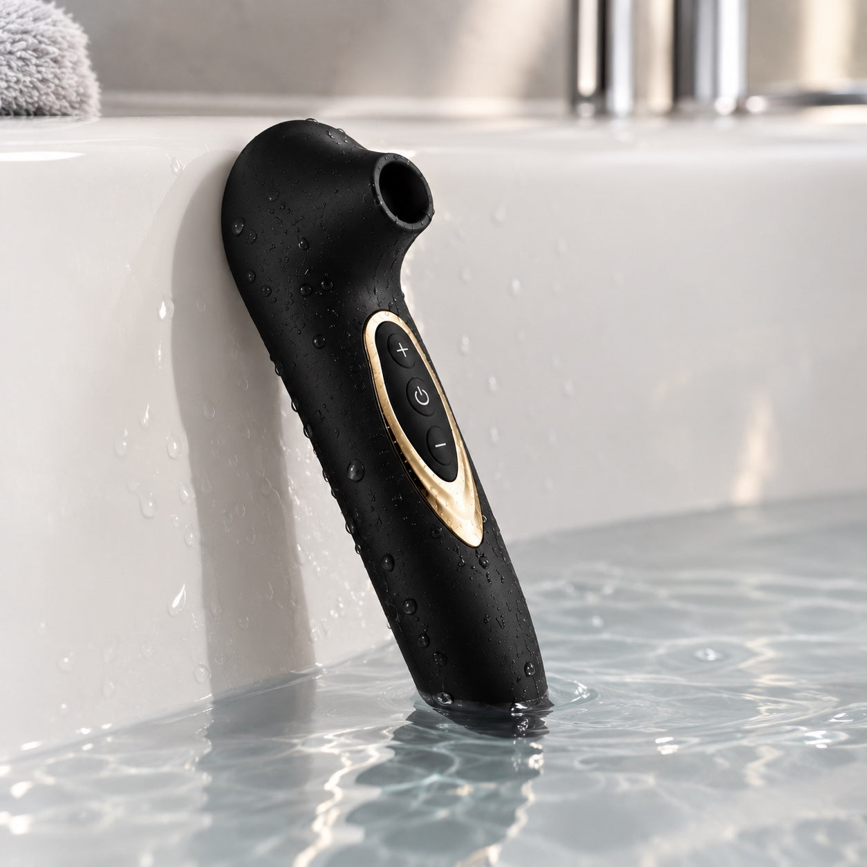 Stimulateur étanche posé au bord d'une baignoire